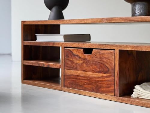 Image of Solid Wood TV Unit for Living Room 55 Inch Furniture - Wooden TV Unit with Storage Cabinet with 3 Drawr, 4 Open Shelves Wooden TV Cabinet for Living Room - Fits up to 55-Inch TV (Emmett)
