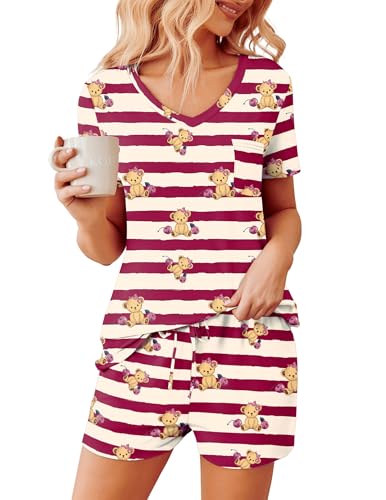 Image of Ekouaer Womens Pajama Sets Short Sleeve Pajamas for Women Sets Soft Lounge Sets Casual V Neck Sleepwear PJS