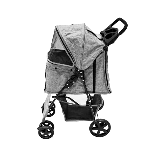 Wandelwagen voor huisdieren, geweven grijze drager, opvouwbare trolley, reiswagen, 15 kg, capaciteit 4 wielen, remmen voor katten en honden, veiligheidshaak leiband, kussen, luifel, gaas, ramen, mand, - Afbeelding 3