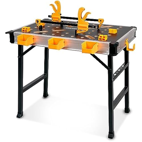 WORKESS Portable Workbench 1000Lbs Capacity Heavy Duty Folding Work Table with 2 Quick Clamps, 4 Bench Dogs, 3 Tool Boxes for Garage Easy Storage