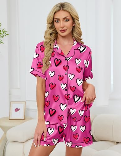 Image of Schbbbta Women Pajamas Set, 2 Pieces Satin Silk Button Down Pjs Short Sleeve Outfits Loungewear