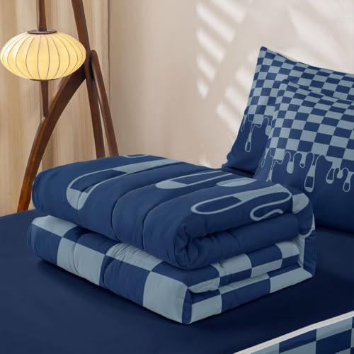 Image of Gingham Navy Blue Checkered Zipper Bedding Full SizeCheckerboard Drip Zip Up Bedding Set for Teens Adults,Y2K Aesthetic Trendy Modern Geometric Bed in a Bag Grid Plaid Comforter with Fitted Sheet