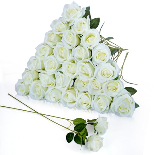 LPREUTWN 30Pcs White Artificial Silk Rose