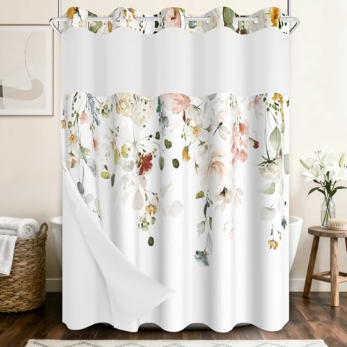 NAEMBCU No Hook Shower Curtain with Snap-in Liner, 2-in-1 Double Layer Botanical