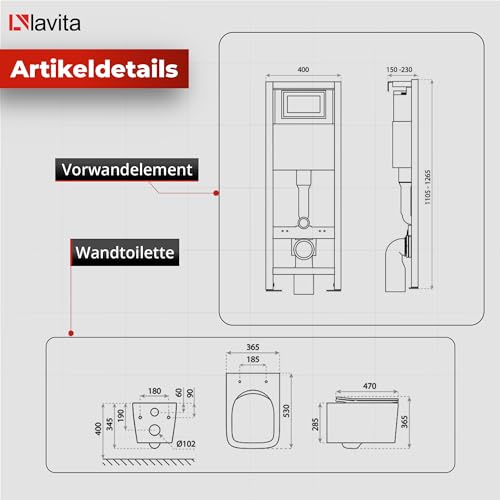 Lavita LAV 101 Vorwandelement für WC 40cm + Wand Hänge Tiefspül WC MURYA Weiß Spülrandlos + Bedienplatte LAV 200.3.1 Weiß | Komplettset | Unterputz Spülkasten | Toilette Komplett Sett – Bild 3
