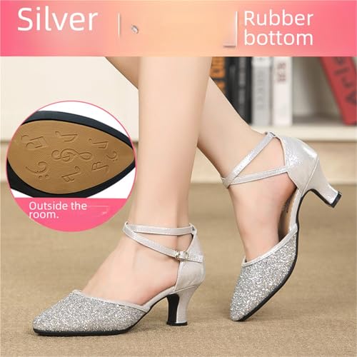 Women's Latin Dance Shoes Women Dance Shoes Square Latin Mid-high Heels Social Soft Sole Dance Shoes for Latin, Salsa, Samba, Chacha(5.5cm Silver Rubber Sole,40)2