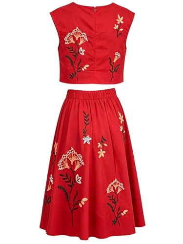 Image of Women Floral Embroidery Dress Sleeveless 2 Piece Tank Top and Skirt Loose Fit Boho Dress