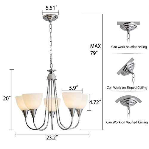 Modern 5-Light Chrome Chandelier With Frosted Glass Shade, Contemporary Hanging Light Fixtures For Kitchen Living Room Dining Room Bedroom Foyer, E26 Base #TOP2