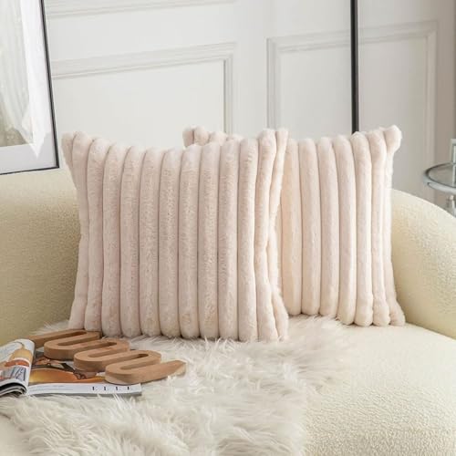 Image of MONKDECOR Single Sided Stiped Faux Fur Plush Throw Pillow Covers, Luxury Decorative Pillows Square Shaggy Cushion Covers for Couch Sofa Bed (Cream (1 Piece), 16x16 Inches)
