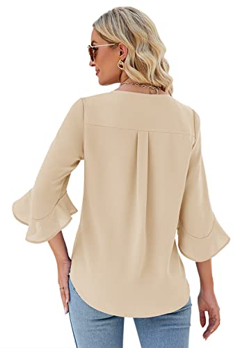 Qirno Women Chiffon V Neck Dressy 3/4 Sleeve Flowy Tunic Tops Casual Ruffle 
