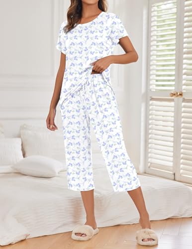 Image of Ekouaer 2 Pack Womens Pajamas Sets Short Sleeve Tops and Capri Pants Pjs Colorful Printed Sleepwear Sets