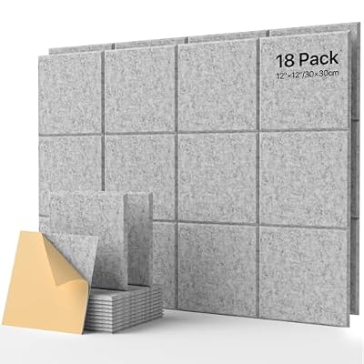 18 Pack Soundproof Wall Panels Self-Adhesive, Square Sound Proof Foam Panels for Wall, High Density Acoustic Panels, Acoustic Panels for Home Office, Recording Studio 12" X 12" X 0.4" Gray