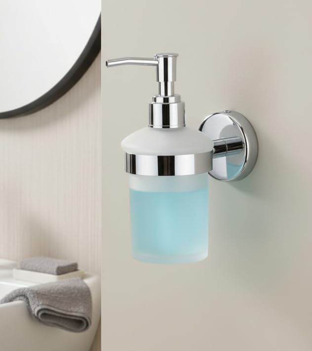 Image of Premium Wall Mounted Liquid Soap Dispenser - 304 Stainless Steel Holder with Frosted Glass Bottle | Rust-Proof Hand Wash Pump for Bathroom, Kitchen, & Wash Basin (Round 2910)
