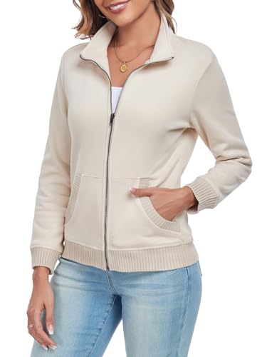 Women's Zip up Sweatshirt Jacket Stand Collar Long Sleeve Sweater Ribbed Knit Hem Jacket with Pocket4