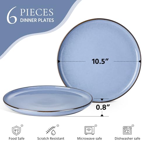 Image of E-far 10.5 inch Ceramic Dinner Plates Set of 6, Large Reactive Glaze Stoneware Dishes, Round Salad Plate for Home Kitchen Restaurant, Microwave & Dishwasher Safe - Ocean Blue