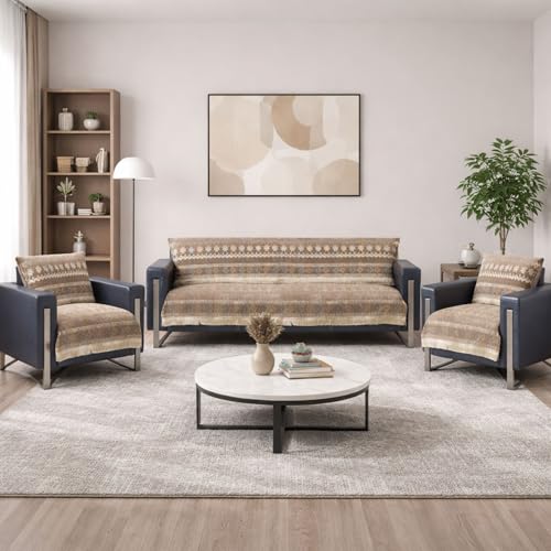 Image of Elegant Woven Brown Sofa Cover - Soft Chenille Traditional Pattern with Lace Style | L-Shape Sectional Seat Protector for Living Room | Durable & Stylish Slipcover 5 Seater Sofa