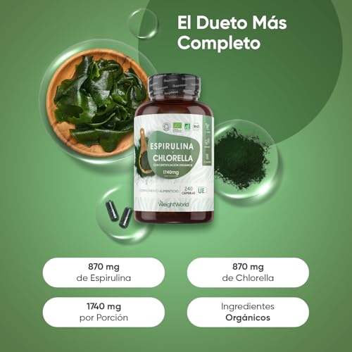 Espirulina y Chlorella Orgánica 1740mg de Concentración 240 Cápsulas (3 al Día) - Suplemento Vegano Detox Fuente Natural de Omega Vegano 3 y 6, Antioxidantes, Vitaminas, Minerales y Proteínas - imagen 2