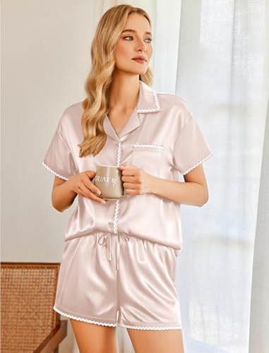 Image of Ekouaer Womens Silk Pajama Sets 2 Piece Satin Pj Set Button Down Shirt and Shorts Lounge Sets Classic with Pockets