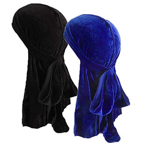 Unisex 2PCS Velvet Deluxe Durag for 360 Waves Headwraps Extra Long-Tail Straps Du-RAG (Black+Royal Blue)