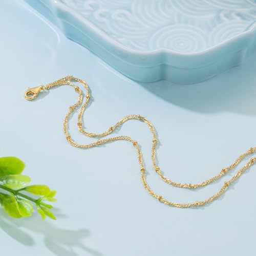 14K Gold Anklets for Women 14K Gold Ankle Bracelets for Women Beaded Anklet for Womens Double-Layer Singapore Chain Design with Beads Layered Ankle Bracelets for Womens Beaded Anklet 9.4+1.6in4