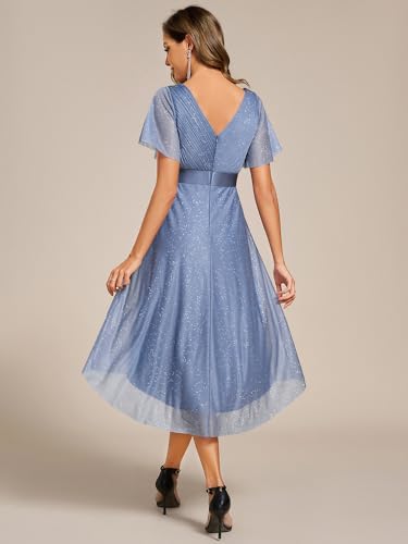 Ever-Pretty Women's Elegant V Neck Pleated Short Sleeves Glitter A Line Midi Wedding Guest Dress 521592
