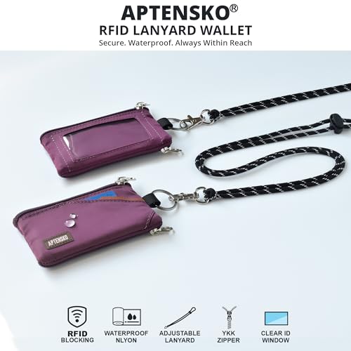 Image of RFID Blocking Travel Wallet with Adjustable Lanyard, Small Nylon Zipper Pouch and Badge Holder for ID, Credit Cards, Cash, Keys, Commuters (Plum Wine)
