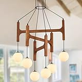 Farmhouse L28 '' Wooden Chandeliers with Milk Glass Globes Lampshades, Rustic Unique Mid Century Long 6-Light Pendant Chandelier for Living Dining Room Entryway Bedroom Kitchen,G9,Wood Stained Walnut