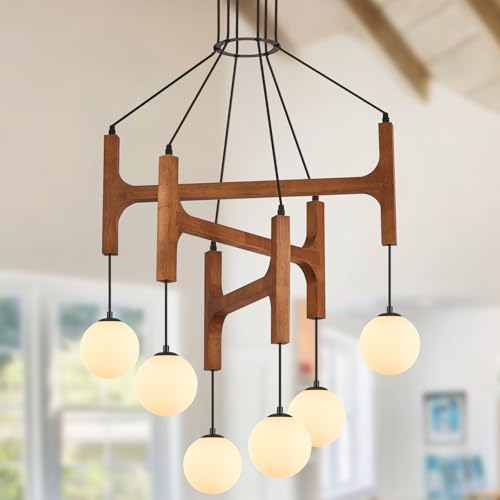 Farmhouse L28 '' Wooden Chandeliers with Milk Glass Globes Lampshades, Rustic Unique Mid Century Long 6-Light Pendant Chandelier for Living Dining Room Entryway Bedroom Kitchen,G9,Wood Stained Walnut