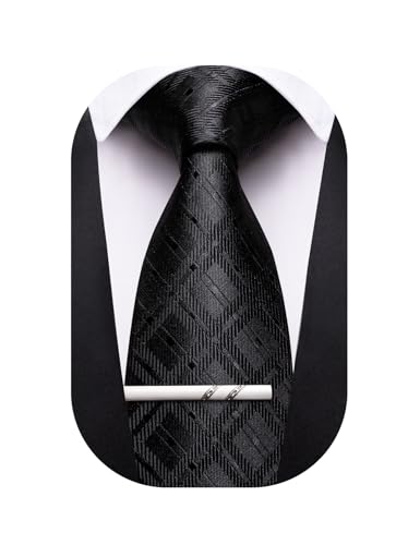 Image of Barry.Wang Plaid Ties Mens Silk Necktie and Tie Clip Checkered Tie for Wedding Party Business Formal