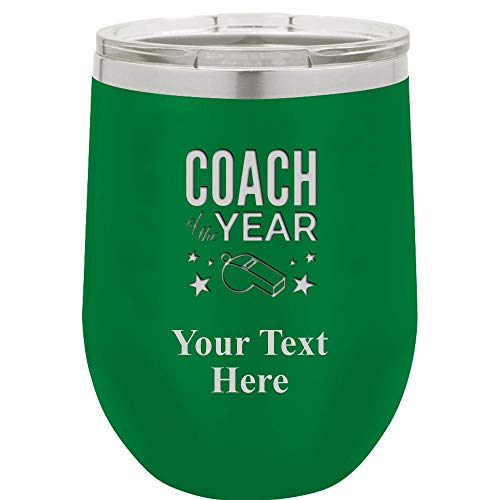 Coach Of The Year Tumbler Mug - 12oz Green Stainless Steel Vacuum Insulated Hot/Cold Travel Wine Tumbler with Clear Lid - Great Customizable Gift And BPA Free Prime