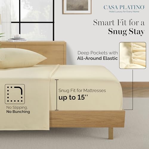 Casa Platino 100% Egyptian Cotton Sheets California King Size Set - 6 Pcs (1 Flat, 1 Fitted, 4 Pillowcases)- Ultra Smooth Sateen Weave Bed Sheets Set with 15" Deep Pockets - Ivory