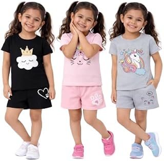 Girls Unicorn Half Sleeve T-Shirts and Shorts Set, Pack of 3, Coordinated Outfit Price In India