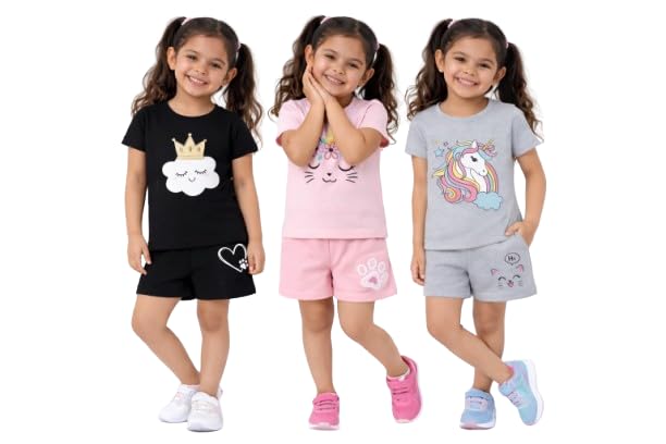 GIRLS UNI PRINT HALF SLEEVE TSHIRT & SHORTS SET PACK OF 3 - Review, Price and Buying Guide