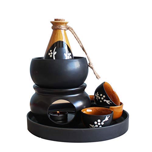 Service à saké japonais coffret cadeau en céramique noire avec 4 tasses et un brûleur