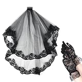 Tucnoeu 1 Stück Spitze Schwarzer Schleier und 1 Stück Spitze Netzhandschuhe Schwarz, Schleier Halloween, Geeignet für Braut-Halloween-Partys und Cosplay