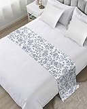 Blue Flower Bed Runner for King Size, Vintage Farmhouse Boho Leaf Spring Summer Bedspread Protector Slipcover Bed Scarf for Foot Runners & Scarves for Bedroom Hotel Wedding Room 102x20 Inches