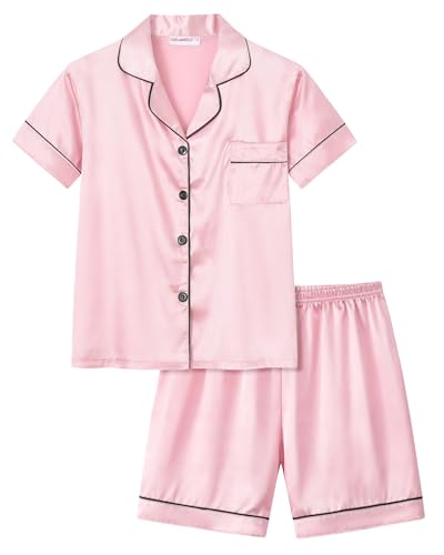 Satin Summer Pajamas for Big Girls Unisex Kids Silk Button Down Short Sleeve & Shorts PJS Size 8-16