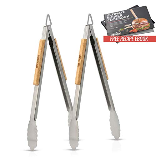 GRILLHOGS Barbecue Grill Tongs, 16 Inch 2 Pack, Best Metal Kitchen Tongs for Cooking and Grill Accessories, Stainless Steel + Oak Wood BBQ Tongs