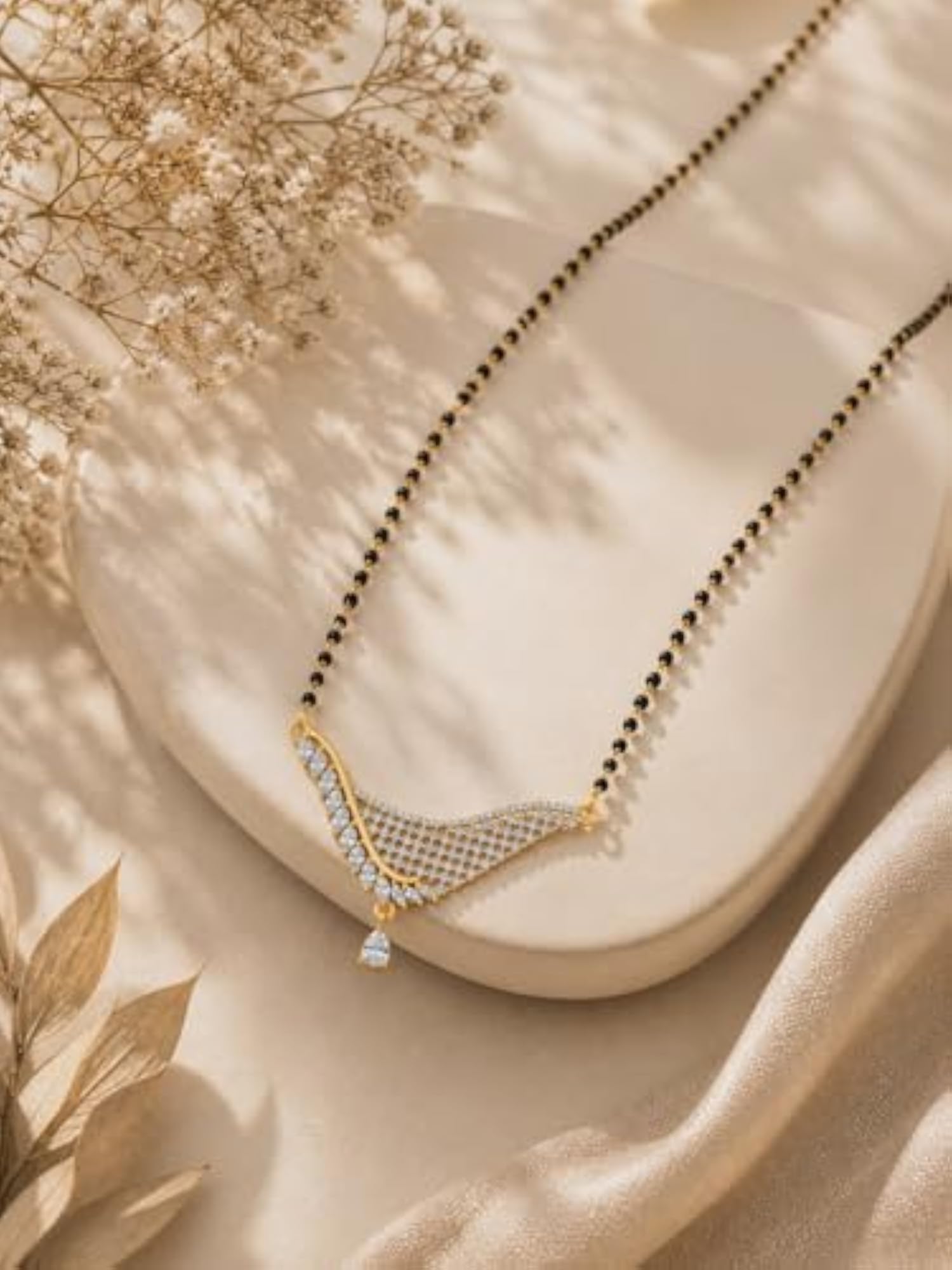 Gold-Plated Mangalsutra with CZ Diamond Pendant, Black Bead Chain