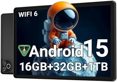 Android 15 Tablet 10 Inch, 16GB RAM 32GB ROM 1TB Expandable, Fast WiFi 6 & BT 5.4 Tablets 5-Core, HD IPS Touchscreen, 8H+ Battery, Dual Camera Tablet for Kids & Adults, Streaming, Gift (Space Black)