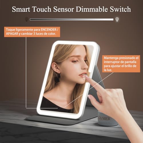 Image of Rechargeable Travel Lighted Makeup Vanity Mirror with PU Leather Cover, Portable Travel Makeup Mirror with Lights, 3 Color Lighting,Touch Sensor Dimmable, Light Up Tabletop Cosmetic Mirror Folding