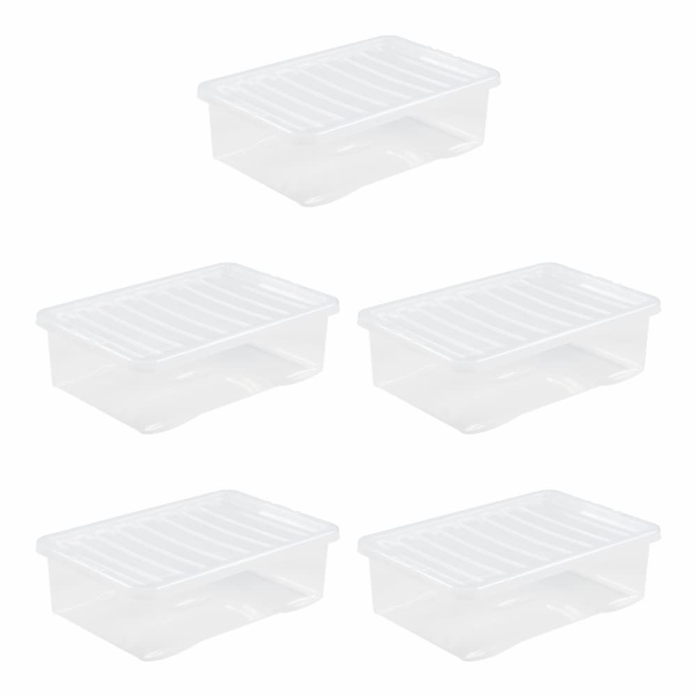 JMS (Set of 5) 32L Litre Underbed Crystal Clear Plastic Storage Box With Lid Storage Container Stackable/Nestable Container For Living Room Shoes Toys Garage Office Home & Kitchen Made in UK