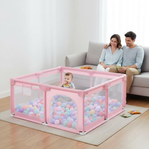 Image of ShivAnanta Baby Playpen for Home Indoor Kids Safety Play Fence with 30 Balls Mesh Play Area for 2+ Toddler Activity Zone Portable Baby Play Yard Anti Slip Child Play Space for Crawling Babies Secure Enclosure (Pink)