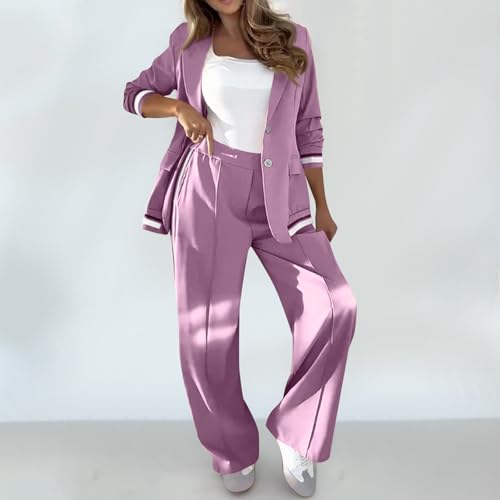 Women's Two Piece Outfits Casual Blazer Jacket and Wide Leg Work Pants Business Suit Color Block Tracksuit Sets2