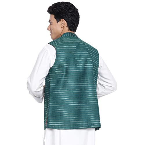 Image of Fabindia Green Viscose Blend Striped Nehru Jacket