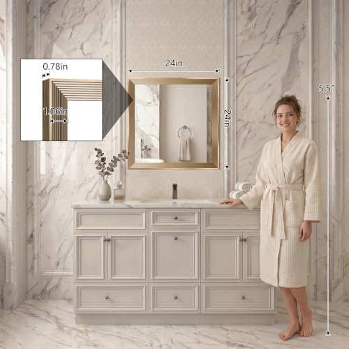Image of DESBING 24 inchx24 inch Gold Bathroom Mirrors for Over Sink, Tempered Glass, Metal Frame, Rectangle Vanity Wall Mirror for Bathroom, Living Room, Bedroom, Horizontally or Vertically