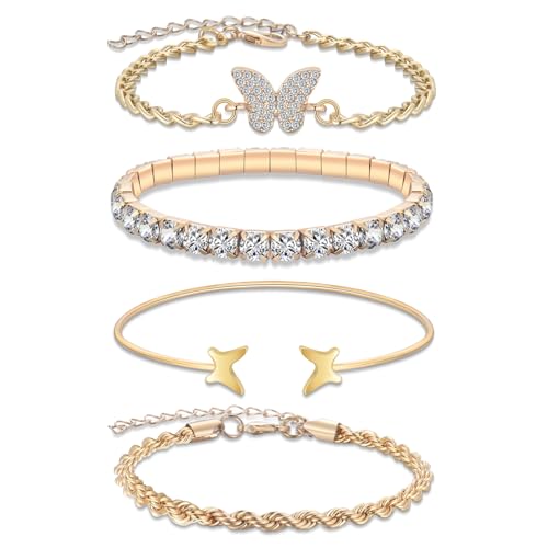 Image of USEEDOVIA 4 Pcs Gold Chain Bracelet Set for Women Grils,14K Gold Plated Stainless Steel Stacking Bracelets Rope Cuban Figaro Bead Twist Chain Link Charm Adjustable Bracelets Jewellery Gifts