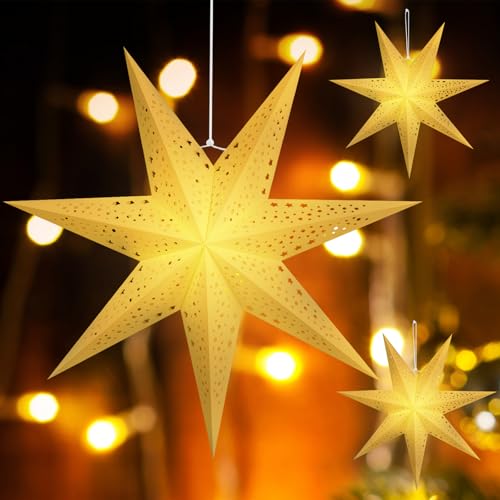 Image of Paper Star Lantern 3PCS Christmas Hanging Stars Garland Large Hollow Out Xmas Tree Topper Foldable Lamp Shade New Year Wedding Party Holiday Birthday Dercoration for Indoor and Outdoor 20in (White)