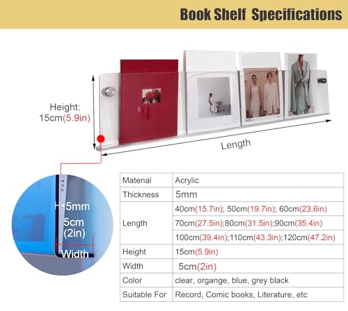 Porte-Livres Mural en Acrylique, Présentoir Transparent De 5 Mm D'Épaisseur pour Magazines Et Bandes Dessinées, Étagère À Livres Peu Encombrante pour La Maison, Le Bureau,