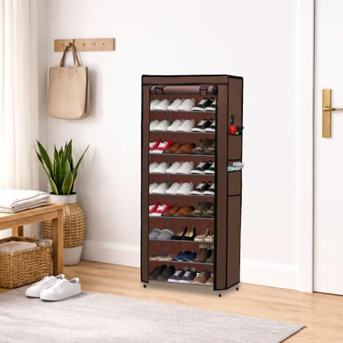 Image of Metal Shoe Stand with Cover, 9 Tier Shoe Organizer for Home & Office - Brown